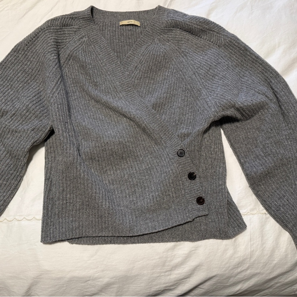 Gray V-Neck Buttoned Women Sweater